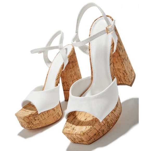 Cork Platform Block Stiletto White Heel - Picture 2 of 7